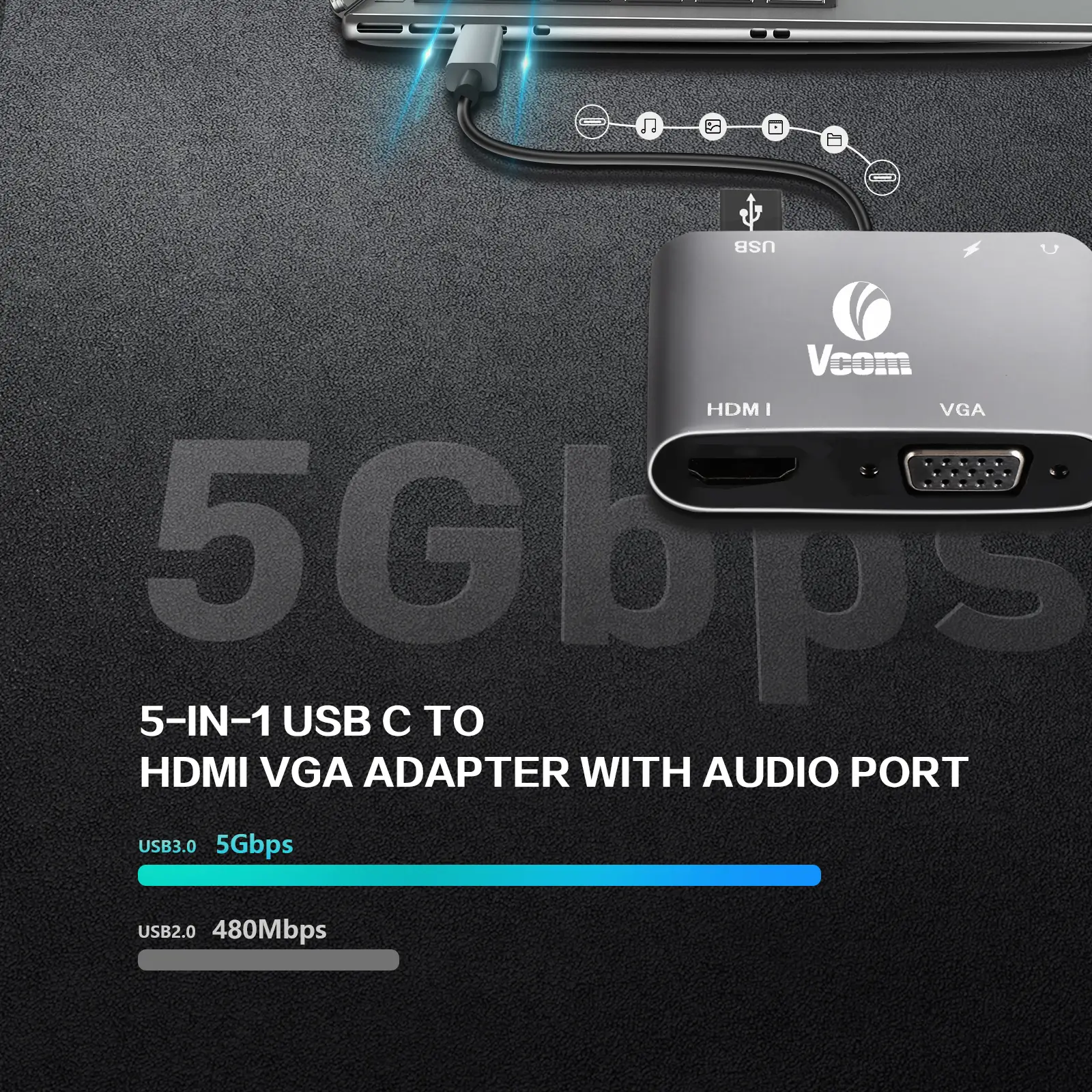 VCOM CU4511 5-in-1 USB-C Docking Hub with HDMI, VGA, USB 3.0, PD 100W & Audio 1