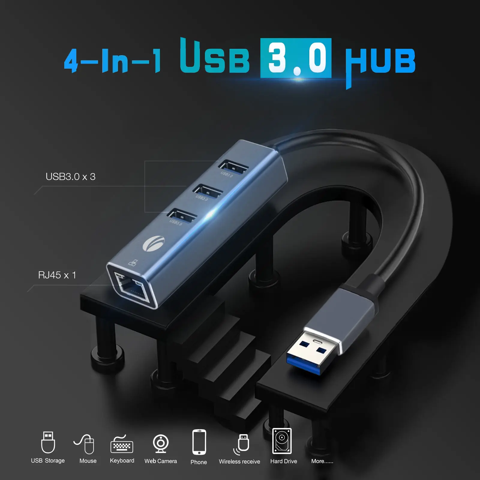 VCOM DH312B 4-in-1 USB 3.0 Hub with Gigabit Ethernet Adapter