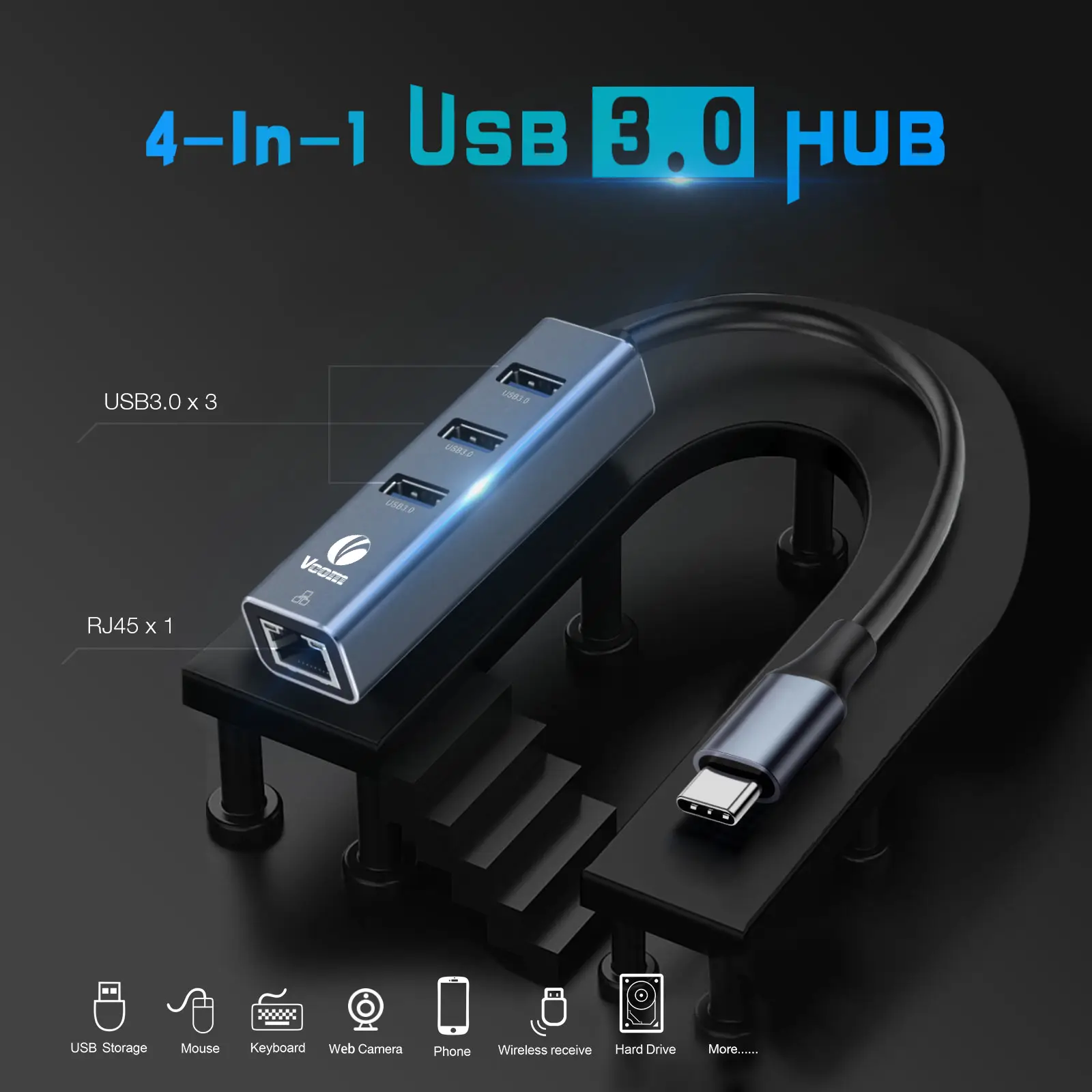VCOM DH311B 4-in-1 USB-C Hub with Gigabit Ethernet & 3 USB 3.0 Ports