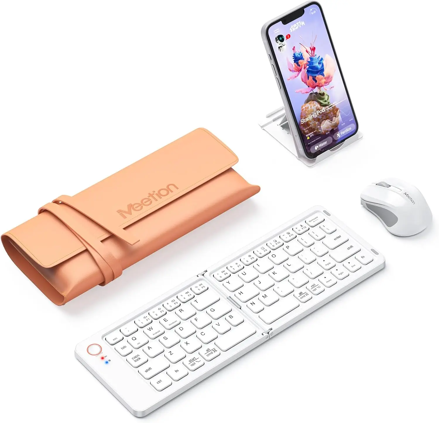 Meetion BTC001 White Foldable Bluetooth Keyboard & Mini Mouse Combo with Phone Stand