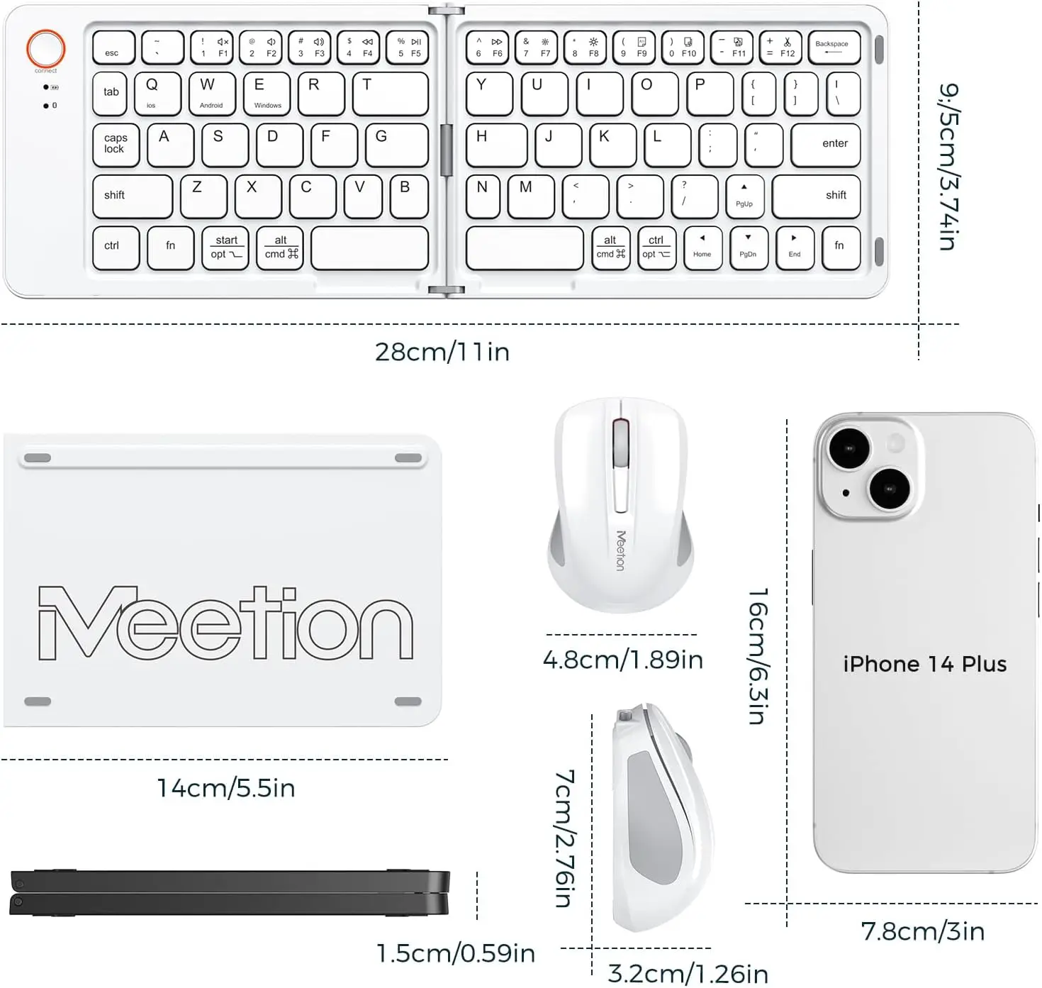 Meetion BTC001 White Foldable Bluetooth Keyboard & Mini Mouse Combo with Phone Stand 1