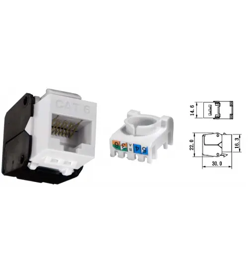 Cat6 UTP Toolless Keystone Jack, RJ45 180° Module, T568A/T568B – VCOM