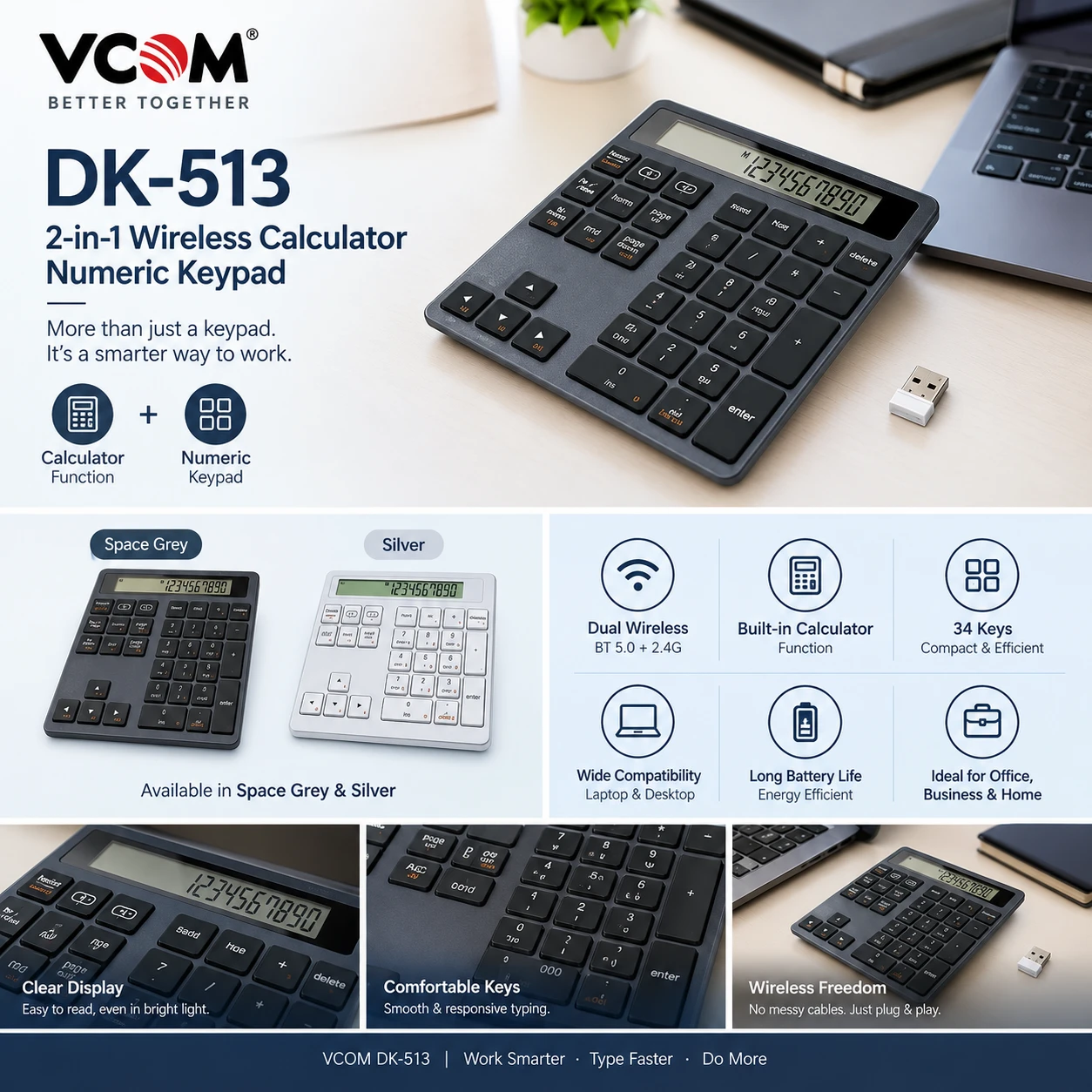 VCOM DK-513 Calculator, Space Gray – Office & Business Use 1